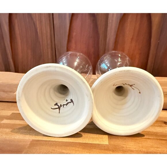 Vtg. Set of 2 Handcrafted Pottery Stoneware Wine Glasses Goblets Chalice SIGNED - Picture 6 of 8